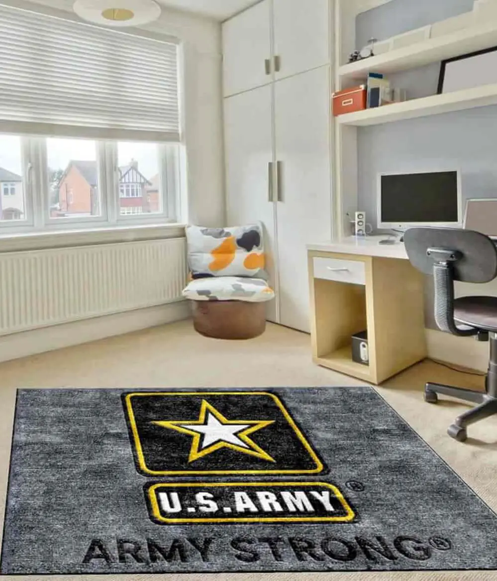 Personalized military logo mat with unit insignia service branch emblem and family name