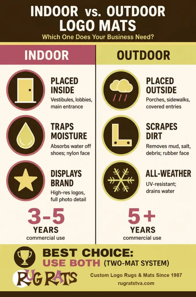Comparison infographic showing key differences between indoor and outdoor logo mats including material, weather resistance, and best placement