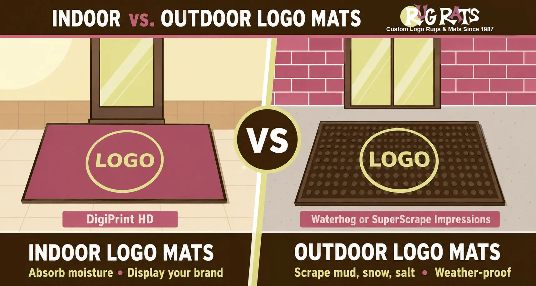 Indoor logo mat in an office lobby compared to an outdoor rubber scraper mat at a storefront entrance