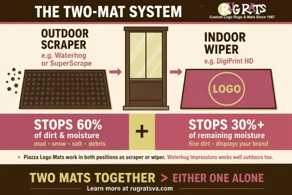Diagram of the two-mat system showing an outdoor scraper mat catching dirt and snow, followed by an indoor logo mat trapping remaining moisture