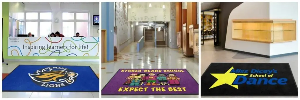 custom school logo welcome mat k12 rug rats Design rendering of a custom school logo welcome mat at a K-12 school entrance