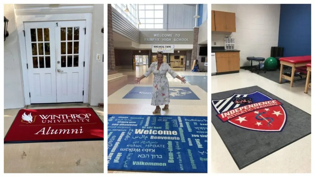 custom school main entrance logo rug rug rats Design rendering of a custom school logo rug at a school main entrance