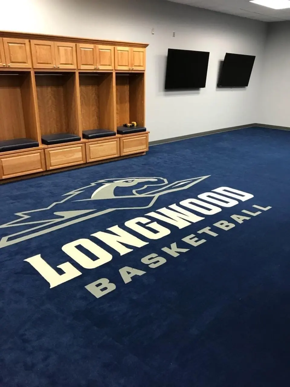 Longwood University custom basketball locker room logo rug — Farmville, VA — by Rug Rats