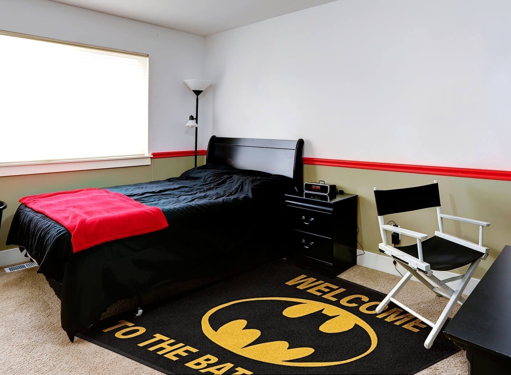 Welcome to the Batcave rug in a child's bedroom